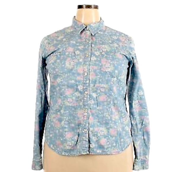 Mossimo Supply Co size large light blue button down pearl snap pink floral shirt - Picture 11 of 12